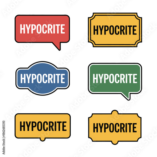 Speech bubbles display the word hypocrite across various colorful banner.
