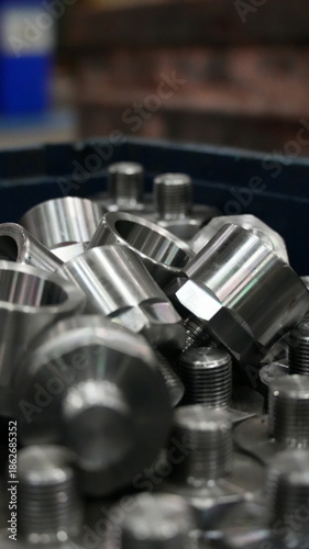 Close-up of machined steel components and bolts in a box. Industrial metal production and precision engineering background.