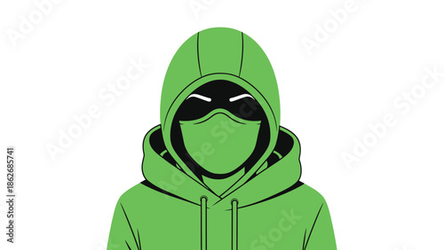 Mysterious Figure in Green Hoodie and Mask, Eyes Hidden.