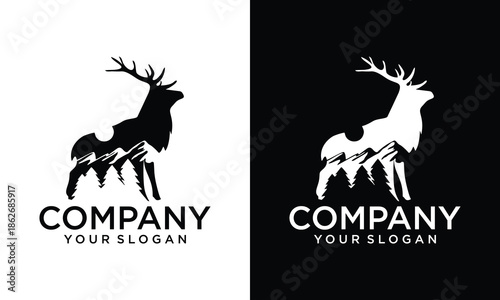 creative deer and mountain negative space logo - vector illustration on a white and black background	