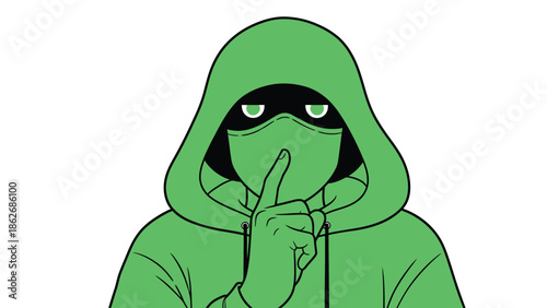 Mysterious Figure in Green Hoodie Signaling Silence with Finger.