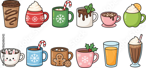 Cute winter drinks illustration set featuring hot chocolate, coffee, tea, and festive mugs, cozy holiday beverage icons for Christmas designs and seasonal branding