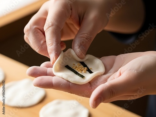 Preparing a delicate Japanese sweet, making traditional Daifuku mochi