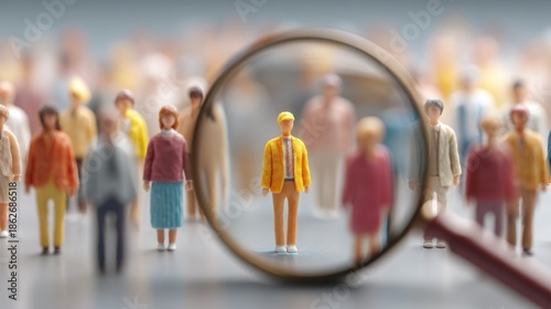 Magnifying glass focuses on individual in crowd