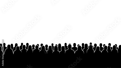 Large crowd of people silhouettes standing together on white background.