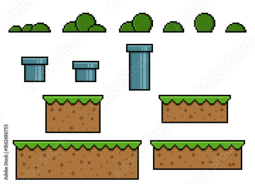 Pixel art game design, tiles set background, with grass, ground and tube. Assets for Game, background, wallpaper, template card. This retro 8-bit game asset is for adventure game backgrounds