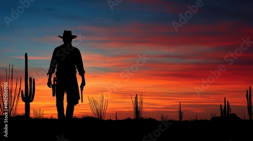 Cowboy silhouette at sunset in desert