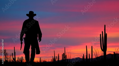 Cowboy silhouette at sunset in desert landscape