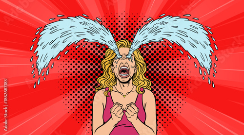 A woman is crying, tears flowing freely. Pop art illustration.