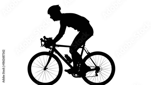 Side view silhouette of a professional cyclist riding a road bike, male athlete in helmet cycling isolated on white background.