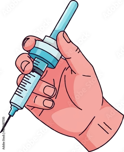 An illustration of a light-skinned hand holding a medical syringe, ready for injection or drawing liquid