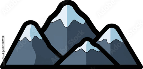 An illustration of a mountain range with four peaks, featuring snowy caps and deep blue-gray slopes
