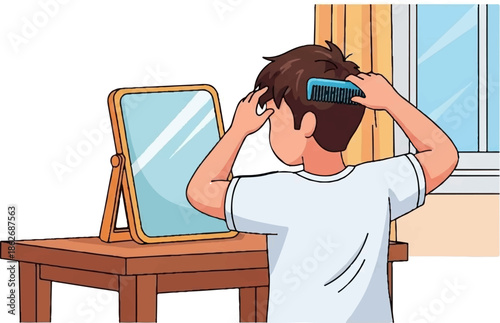 An illustration of a person with brown hair combing their hair in front of a mirror on a wooden table