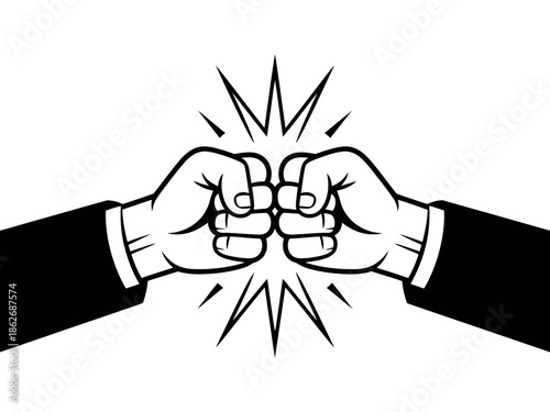 Two fists bumping together with black suit sleeves and radiating lines around them