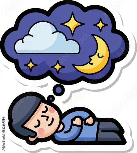 An illustration of a person sleeping peacefully, dreaming of a starry night sky with a cloud and crescent moon