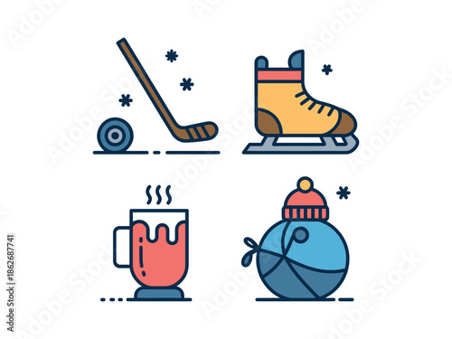 Winter themed icons featuring hockey gear ice skate hot drink and knitted hat