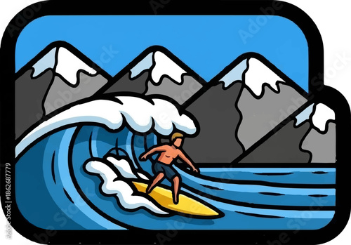 An illustration of a surfer riding a large blue wave with snow-capped mountains and a clear sky in the background