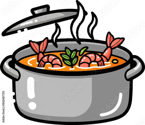 An illustration of a steaming pot of orange broth with cooked shrimp and green herbs, lid ajar