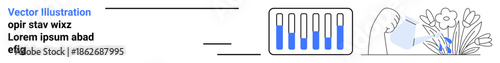 Hand watering flowers, growth chart with water levels. Ideal for sustainability, gardening, conservation, nature, education, eco living, simple landing page