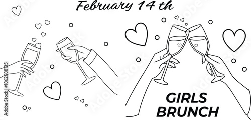 February 14th girls brunch with champagne toast and hearts outline illustration 