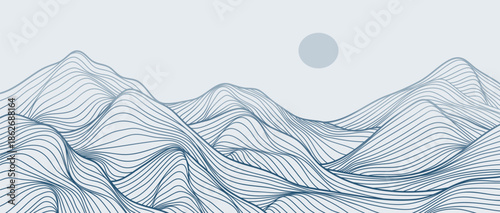 Minimalist Mountain with line art texture. Abstract mountain landscapes backgrounds. mountains range, hills and sun. use for wall art prints, poster Art Decoration, banner