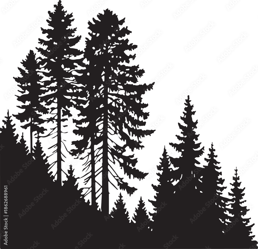 Fototapeta premium Pine Trees Forest Silhouette on Hillside Minimalist Graphic