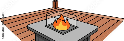 An illustration of an outdoor fire pit table with a glass enclosure on a wooden deck, showing bright flames