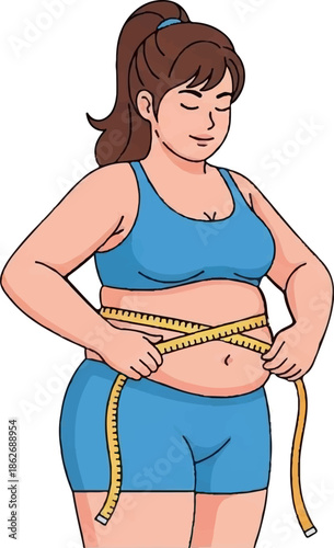 An illustration of an overweight woman in a sports bra and shorts measuring her waist with a tape