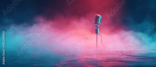 Vintage microphone in neon fog