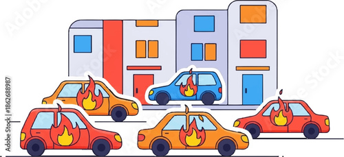 An illustration of multiple cars on fire in front of a building, depicting a chaotic scene