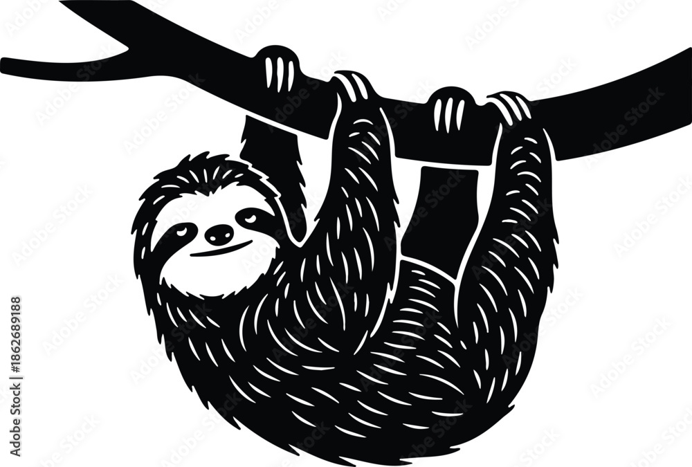 Obraz premium Cute Sloth Hanging on Tree Branch – Black and White Vector Illustration