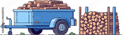 Blue utility trailer loaded with logs next to a neatly stacked pile of chopped firewood, cartoon style