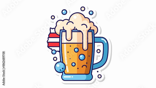 Cartoon beer mug overflowing with foam and bubbles next to a stylized USA map outline