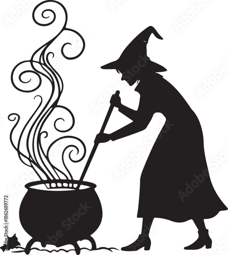 Halloween Witch Silhouette Stirring Potion in Cauldron Black and White Graphic