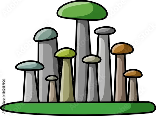 Cartoon drawing of an assortment of tall mushrooms with round caps in green, grey, and brown colors