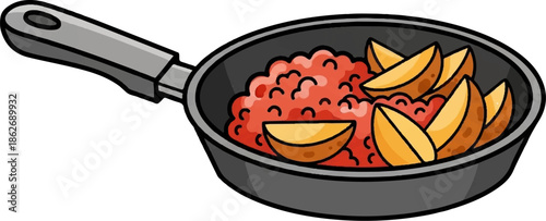 Cartoon frying pan with red minced food and golden potato wedges