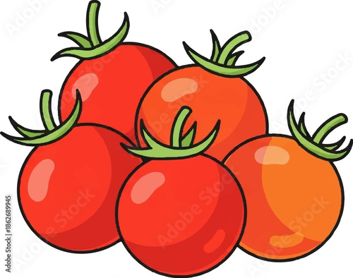 Cartoon drawing of five fresh, ripe tomatoes. Three are red, two are orange, all with green stems