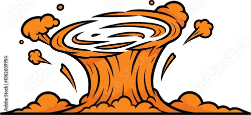 Cartoon explosion with swirling orange smoke and debris, signifying impact or burst