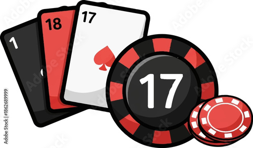 Cartoon illustration featuring three playing cards displaying numbers 1, 18, and 17, alongside casino chips