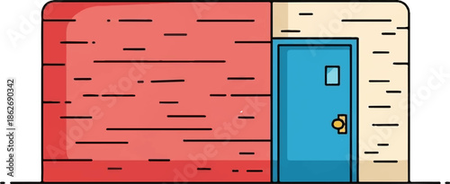 Cartoon illustration of a building with a red brick wall and a blue door on a beige wall section