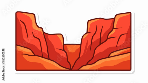 Cartoon illustration of a desert canyon with towering red-orange rock walls, stylized graphic design