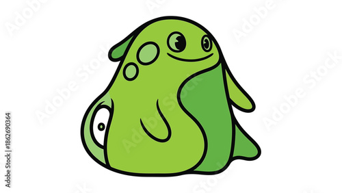 Cartoonish Green Blob Character with Playful Expression and Unique Design.