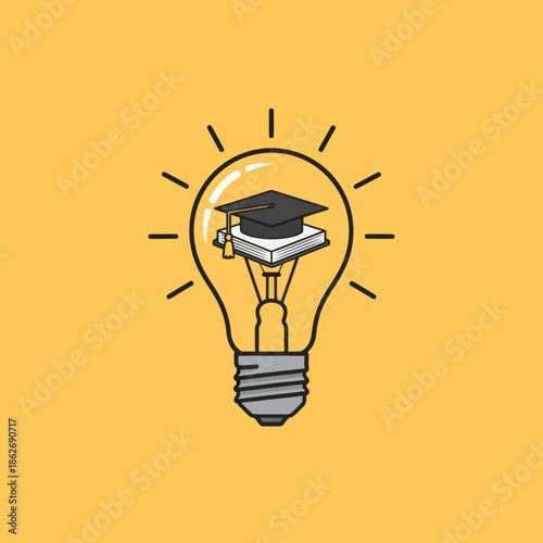 Creative educational concept illustrated as a light bulb with a graduation cap inside representing