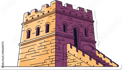 Cartoon illustration of a two-tone stone watchtower or fortress section with a crenellated top