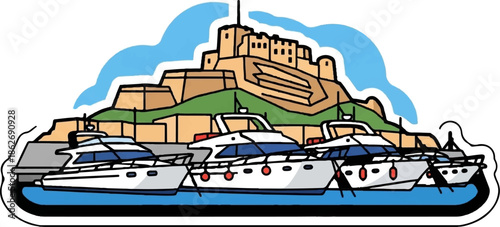 Cartoon illustration of yachts docked in a harbor, with a fortified hilltop town and green hills behind