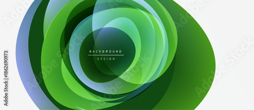 Abstract layers create circular design. Green, blue hues blend, forming dynamic visual effect. Minimal text present.