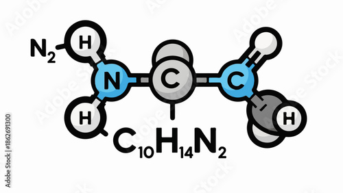 Cartoon style illustration of a molecule, depicting nitrogen, carbon, and hydrogen atoms linked together, with the formula C₁₀H₁₄N₂