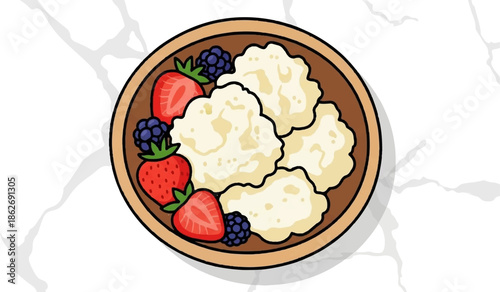 Cartoon style illustration of a rustic bowl filled with fluffy dairy curds, fresh strawberries and blackberries
