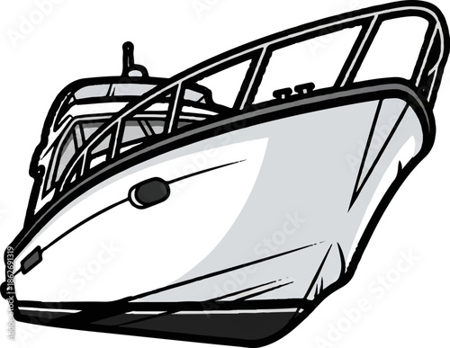 Cartoon style illustration of a motorboat's bow with cabin and railing, rendered in black, white, and grey