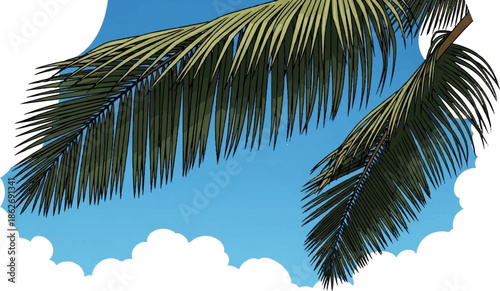 Cartoon style palm fronds against a bright blue sky with white clouds, evoking a tropical summer feel